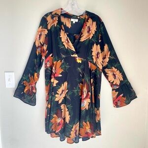 Umgee USA Navy Floral Babydoll Dress Boho Bell Sleeve